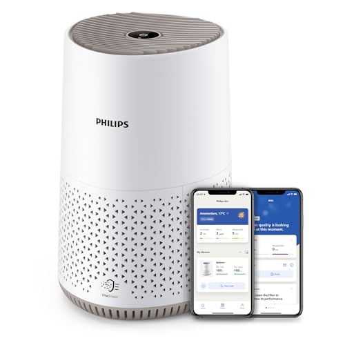 Philips Luftreiniger 600 Serie, Ultraleise und energieeffizient Für Allergiker, HEPA-Filter entfernt 99,97 Prozent der Schadstoffe, Für Räume bis zu 44m2, App-gesteuert, Weiß (AC0650/10)