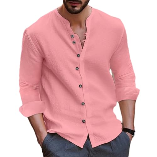 Shirt Herren Knopfleiste Shirt Herren Slim Fit Revers Mode Shirt Herren Casual Shirt Herren Klassisch Einfarbig Longsleeve T-Shirt Herren D-Pink L